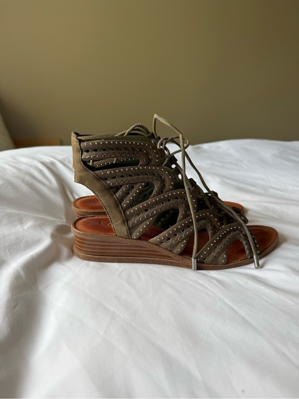 1. State Olive Lace-Up Cutout Wedge Sandals